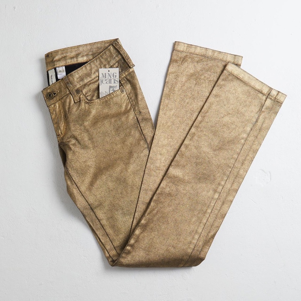 Women’s MNG by Mango gold metallic low rise slim fit jeans in size 8